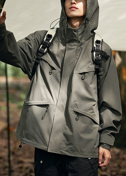 Coats Loose Pockets Zippered Hooded Mens Cotton Green Blackish FashionChic