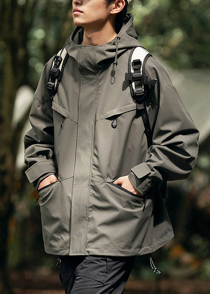 Coats Loose Pockets Zippered Hooded Mens Cotton Green Blackish FashionChic