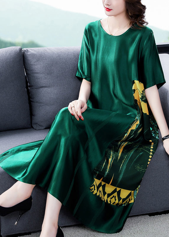 Loose Blackish Green O Neck Print Silk Long Dress Summer OP1049 Ada Fashion