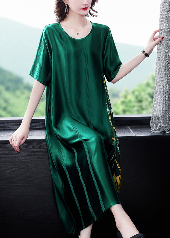 Loose Blackish Green O Neck Print Silk Long Dress Summer OP1049 Ada Fashion
