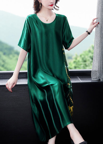 Loose Blackish Green O Neck Print Silk Long Dress Summer OP1049 Ada Fashion