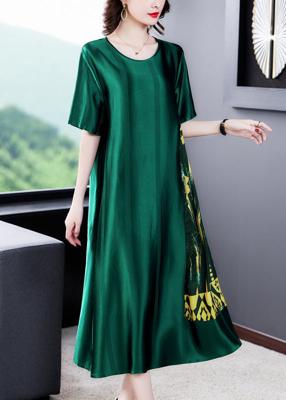Loose Blackish Green O Neck Print Silk Long Dress Summer OP1049 Ada Fashion
