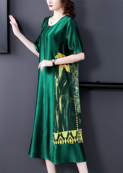 Loose Blackish Green O Neck Print Silk Long Dress Summer OP1049 Ada Fashion