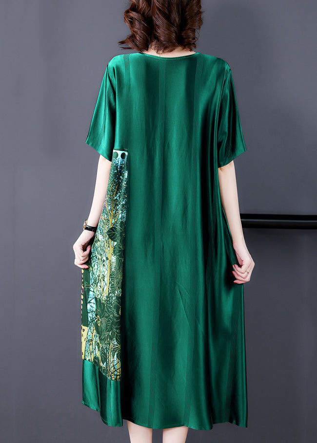 Loose Blackish Green O Neck Print Silk Long Dress Summer OP1049 Ada Fashion