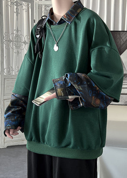 Loose Patchwork False Two Blackish Pieces Green Pan Collar Peter FashionChic