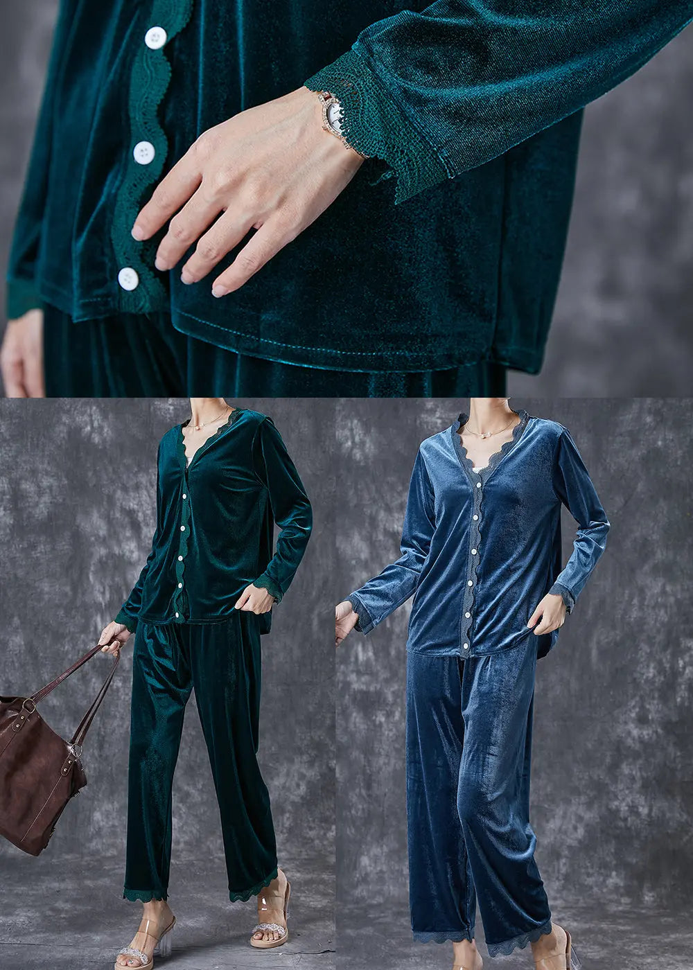 Loose Blackish Green V Neck Patchwork Silk Velour Two Pieces Set Fall Ada Fashion