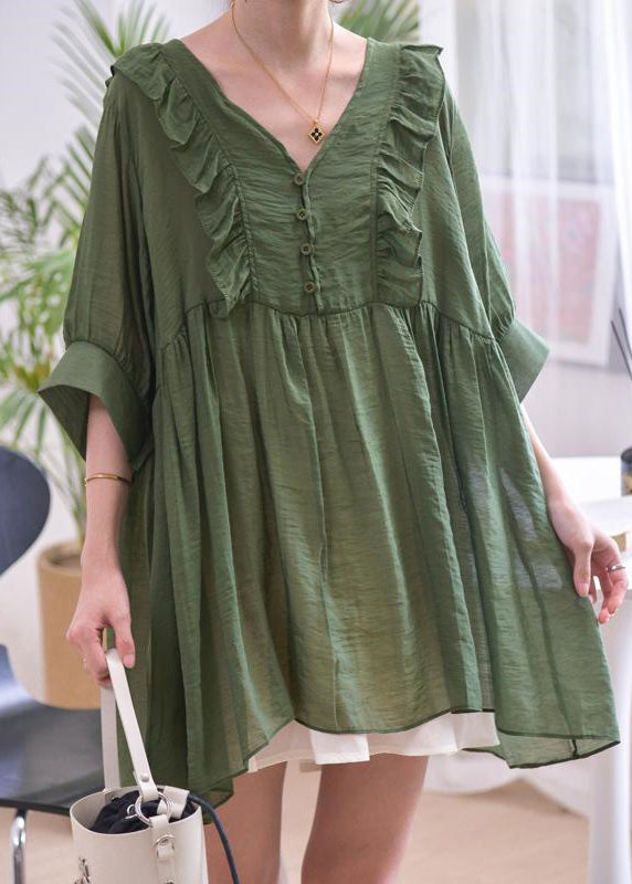 Loose Blackish Green V Neck Ruffled Cotton Shirts Summer MN043 MMDM-HTP240704