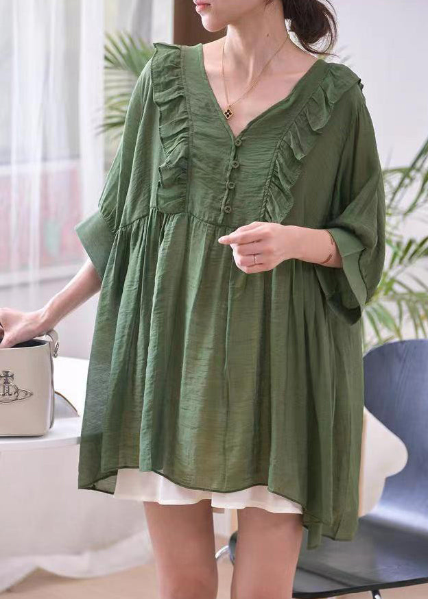 Loose Blackish Green V Neck Ruffled Cotton Shirts Summer MN043 MMDM-HTP240704