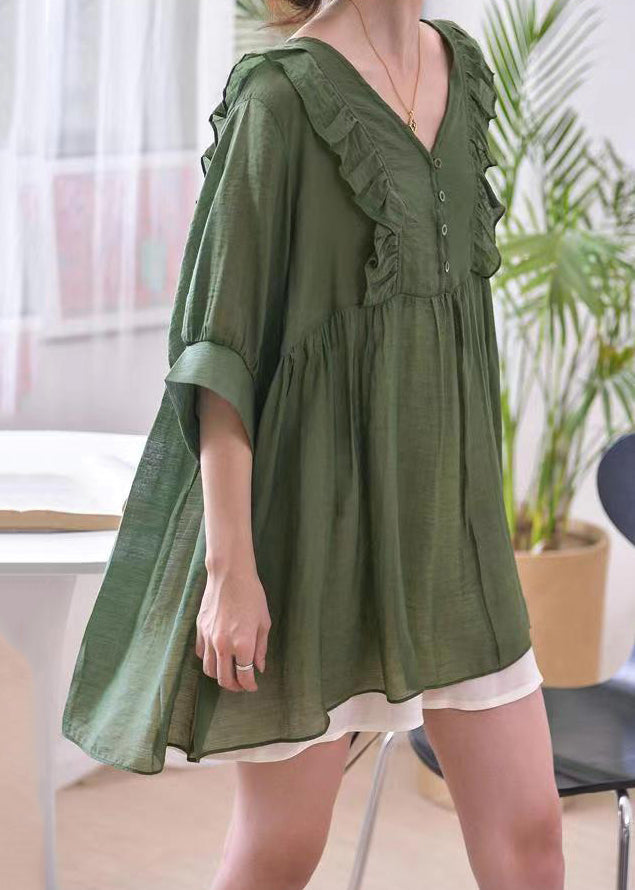 Loose Blackish Green V Neck Ruffled Cotton Shirts Summer MN043 MMDM-HTP240704