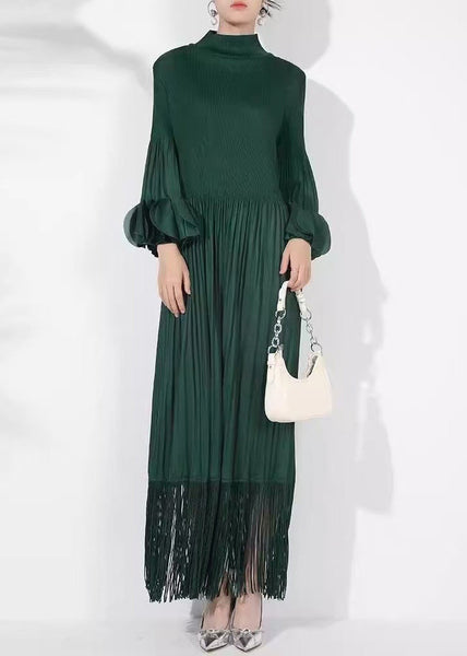 Solid Blackish Dress Green Cotton Petal Long Loose Wrinkled FashionChic