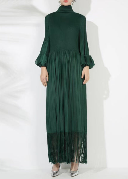 Solid Blackish Dress Green Cotton Petal Long Loose Wrinkled FashionChic