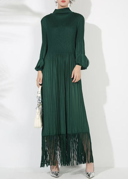 Solid Blackish Dress Green Cotton Petal Long Loose Wrinkled FashionChic