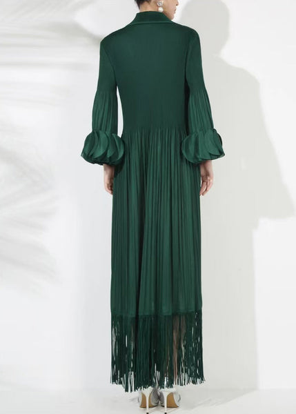 Solid Blackish Dress Green Cotton Petal Long Loose Wrinkled FashionChic