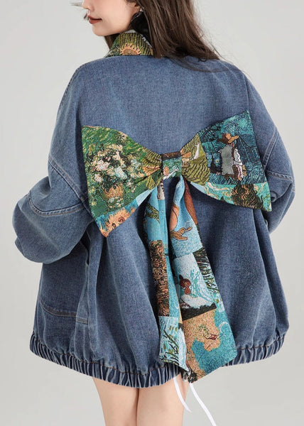 Coat Bow Patchwork Blue Button Denim Loose Spring FashionChic