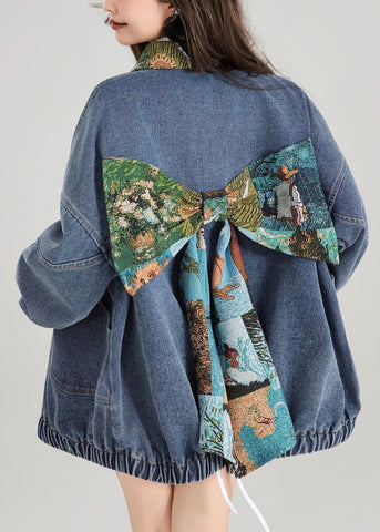 Coat Bow Patchwork Blue Button Denim Loose Spring FashionChic