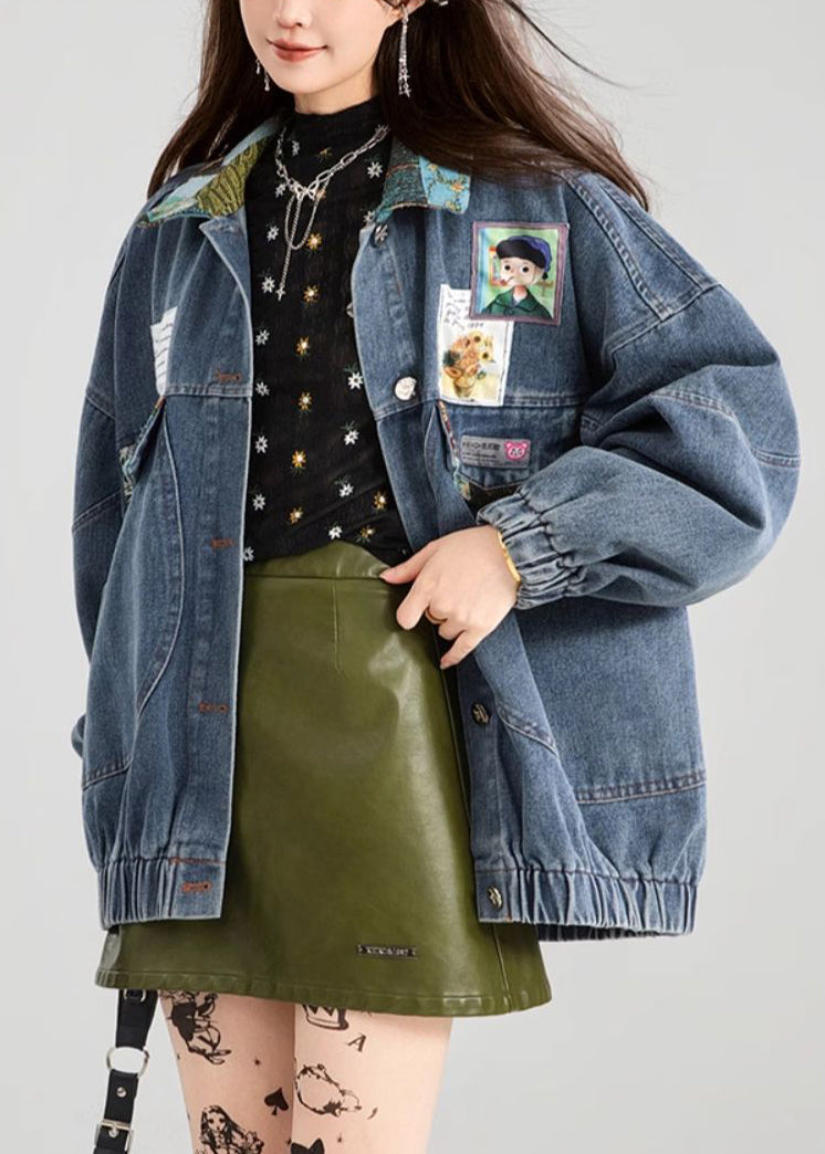 Coat Bow Patchwork Blue Button Denim Loose Spring FashionChic