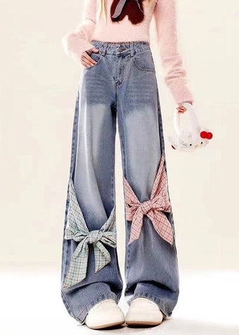 Bow Spring High Pockets Denim Pants Waist Loose Blue FashionChic