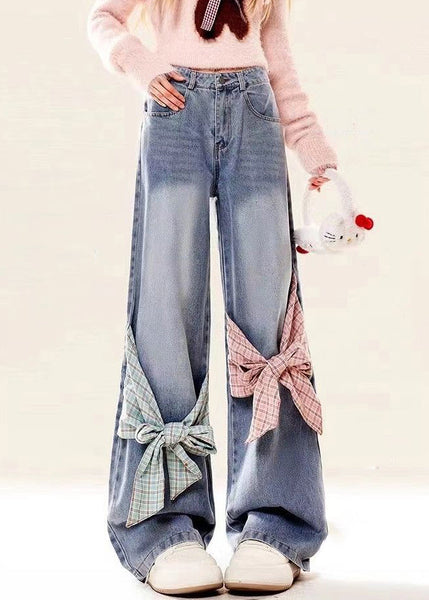Bow Spring High Pockets Denim Pants Waist Loose Blue FashionChic