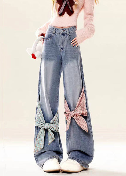 Bow Spring High Pockets Denim Pants Waist Loose Blue FashionChic