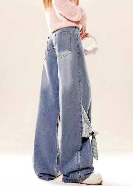 Bow Spring High Pockets Denim Pants Waist Loose Blue FashionChic