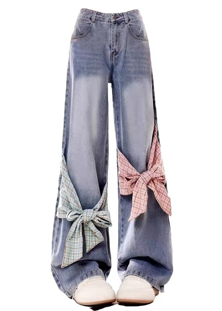 Bow Spring High Pockets Denim Pants Waist Loose Blue FashionChic