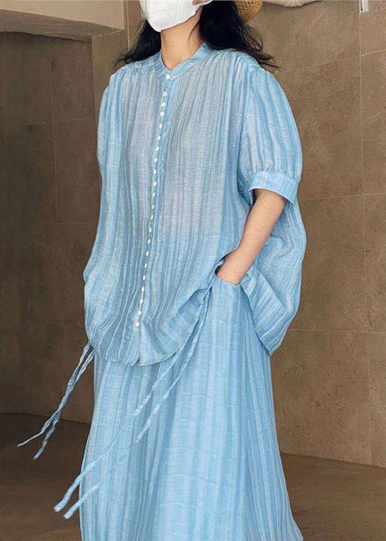 Summer Loose Blue Two Button Skirts Blouses And Set Pieces Solid FashionChic