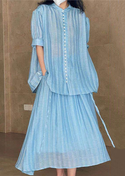 Summer Loose Blue Two Button Skirts Blouses And Set Pieces Solid FashionChic
