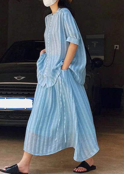 Summer Loose Blue Two Button Skirts Blouses And Set Pieces Solid FashionChic