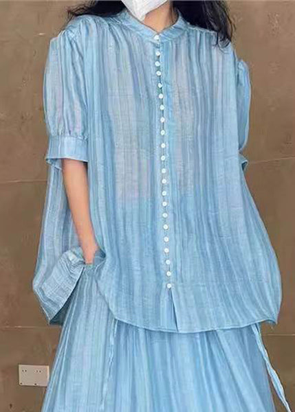 Summer Loose Blue Two Button Skirts Blouses And Set Pieces Solid FashionChic