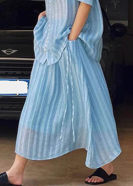 Summer Loose Blue Two Button Skirts Blouses And Set Pieces Solid FashionChic