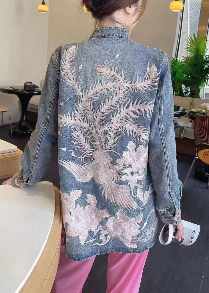 Loose Blue Embroidered Button Denim Coats Long Sleeve Ada Fashion