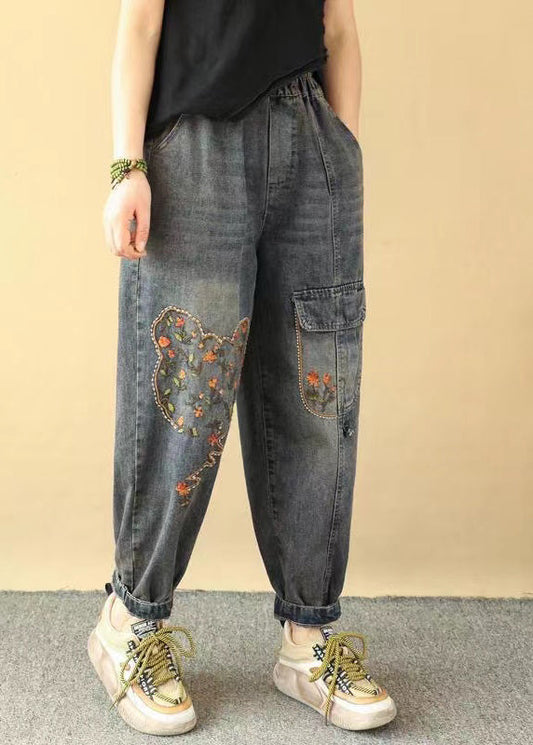 Loose Blue Embroidered Pockets Elastic Waist Denim Pants Spring QQ1018 Ada Fashion