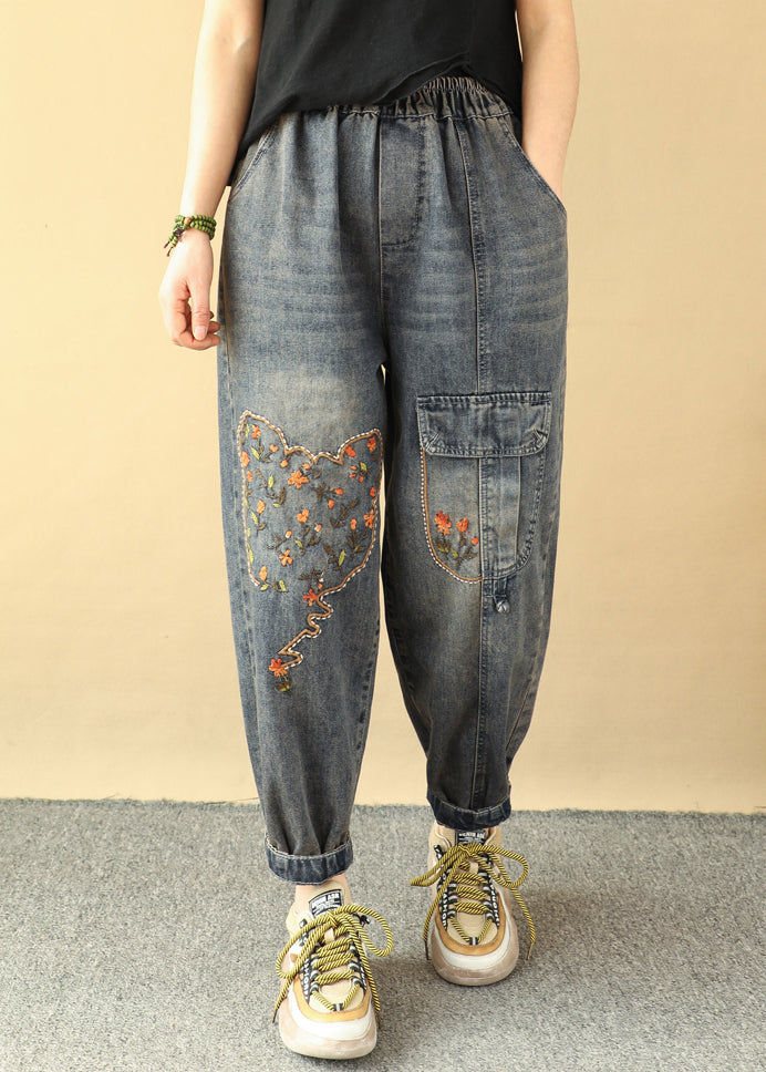 Loose Blue Embroidered Pockets Elastic Waist Denim Pants Spring QQ1018 Ada Fashion