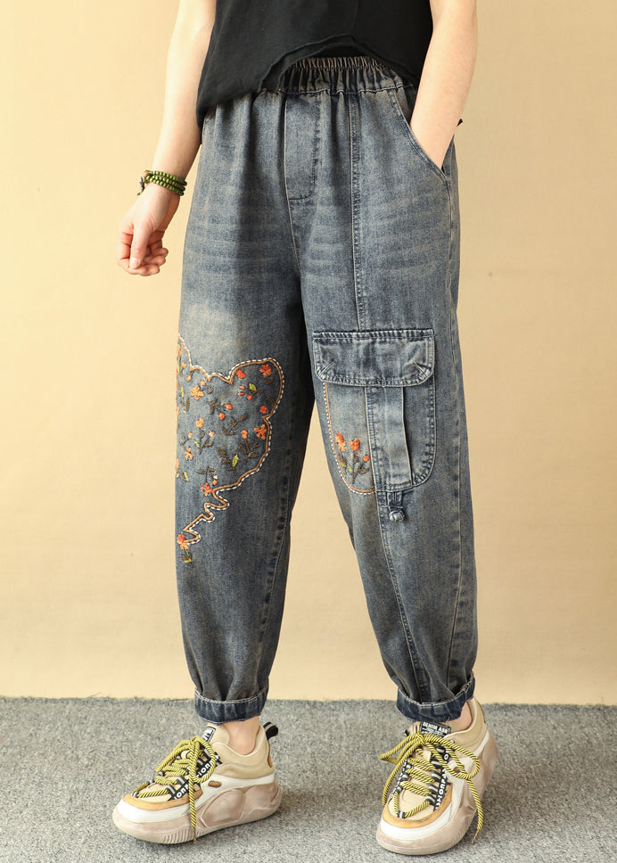 Loose Blue Embroidered Pockets Elastic Waist Denim Pants Spring QQ1018 Ada Fashion