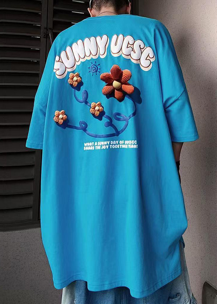 Sleeve Letter Men's Shirts T Half Floral Cotton Blue Loose FashionChic