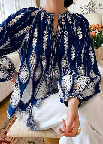 Up Blouses Cotton Loose Out Blue Lace Hollow Spring FashionChic