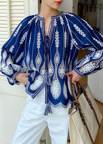 Up Blouses Cotton Loose Out Blue Lace Hollow Spring FashionChic