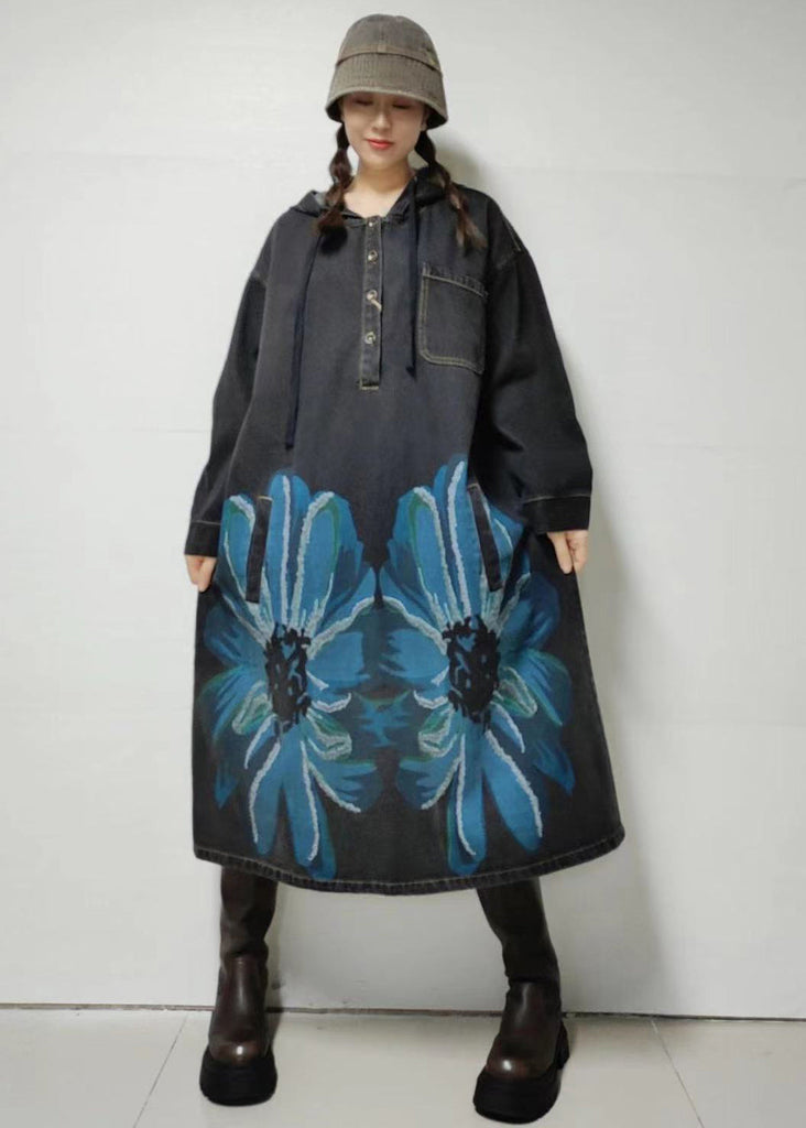 Loose Blue Hooded Print Denim Dress Long Sleeve MN058 MMDM-FDL240704