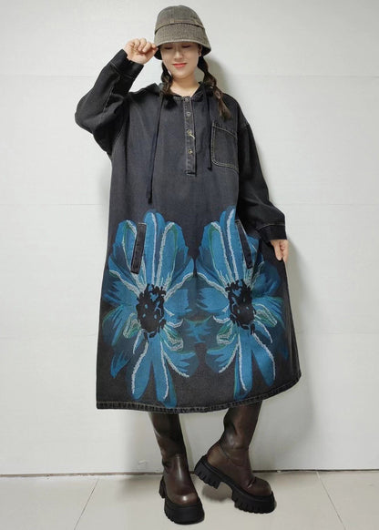 Loose Blue Hooded Print Denim Dress Long Sleeve MN058 MMDM-FDL240704