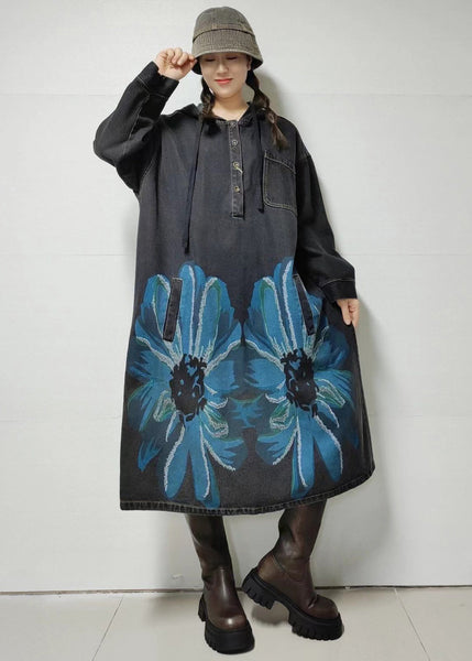 Loose Blue Hooded Print Denim Dress Long Sleeve MN058 MMDM-FDL240704