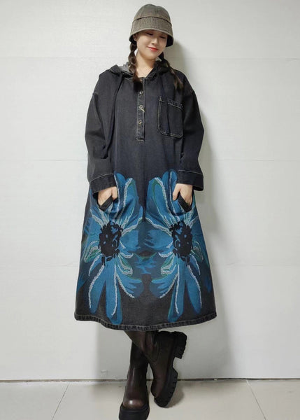 Loose Blue Hooded Print Denim Dress Long Sleeve MN058 MMDM-FDL240704