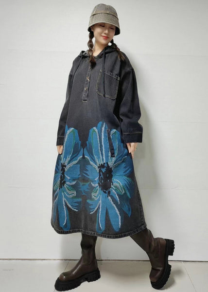 Loose Blue Hooded Print Denim Dress Long Sleeve MN058 MMDM-FDL240704