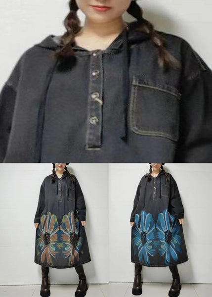 Loose Blue Hooded Print Denim Dress Long Sleeve MN058 MMDM-FDL240704