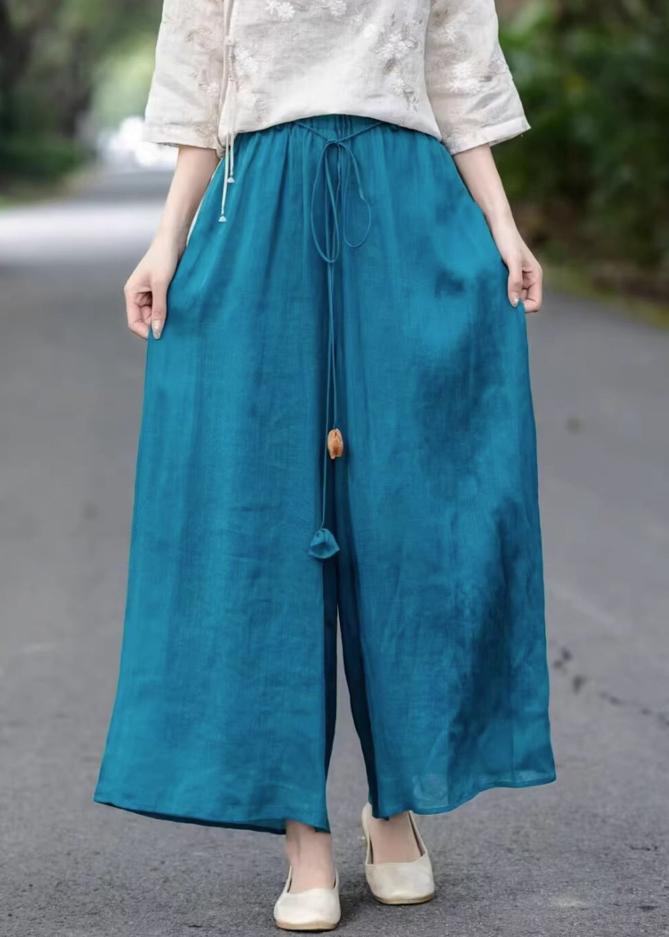 Leg Summer Elastic Up Cotton Lace Loose Blue Pants Wide Waist FashionChic