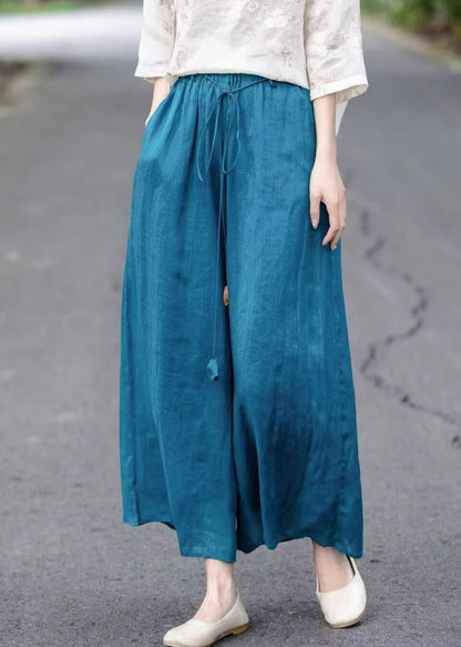 Elastic Summer Blue Loose Leg Waist Lace Cotton Up Wide Pants FashionChic