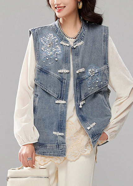 Loose Blue Nail Bead Button Pockets Denim Waistcoat Sleeveless AC1020 Genistyle Shop