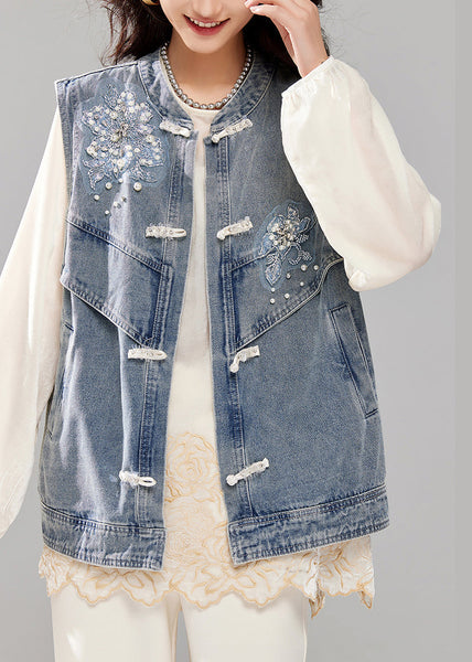 Loose Blue Nail Bead Button Pockets Denim Waistcoat Sleeveless AC1020 Genistyle Shop