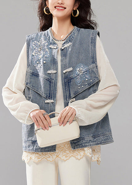 Loose Blue Nail Bead Button Pockets Denim Waistcoat Sleeveless AC1020 Genistyle Shop