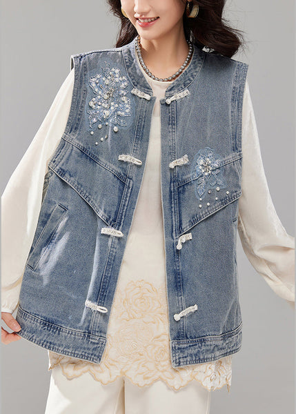 Loose Blue Nail Bead Button Pockets Denim Waistcoat Sleeveless AC1020 Genistyle Shop