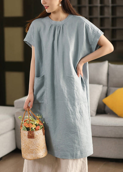 Blue Summe Loose Dresses O-Neck Pockets Linen FashionChic